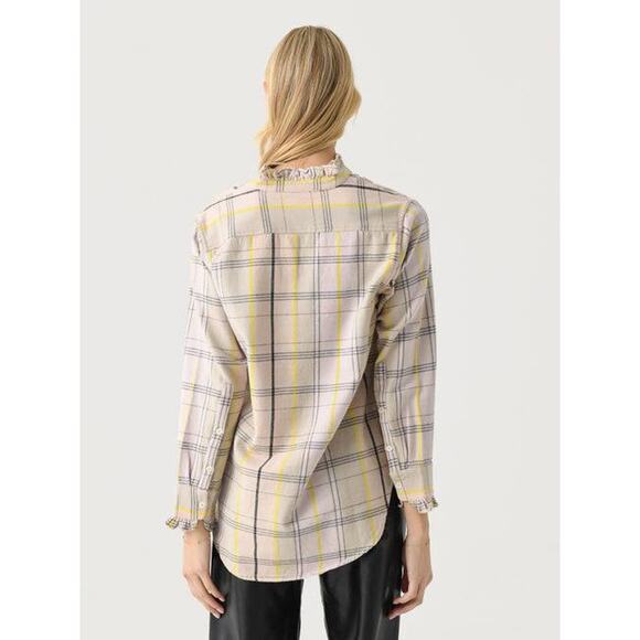 Kerri Rosenthal Mia Cabin Plaid Ruffle Shirt in Light Taupe Multi S - Picture 5 of 5